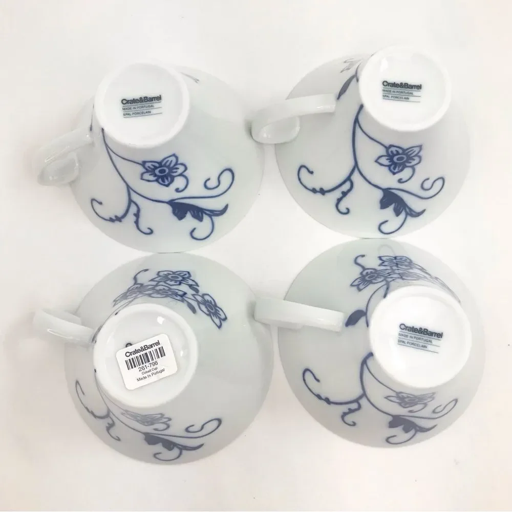 Crate & Barrel CAMILLE White Blue Floral Set of Four Porcelain Tea Coffee Mugs
